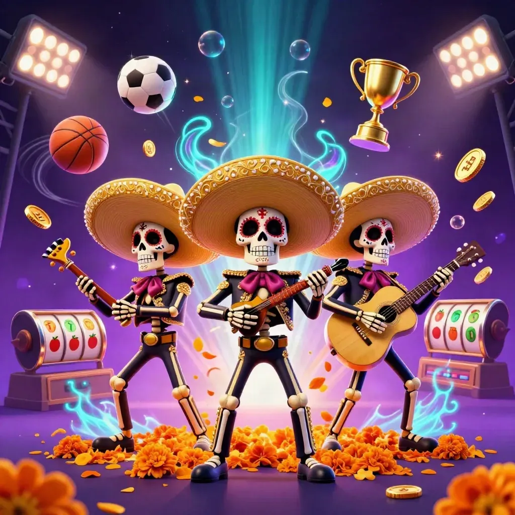 Skeleton mariachi trio amid casino symbols, trophies, balls, coins, and neon glow