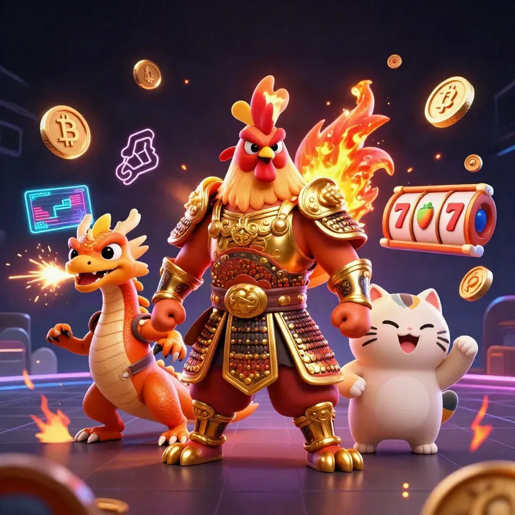 Rooster samurai, dragon hatchling, and fortune cat amid casino sparks, coins, reels, and neon glow
