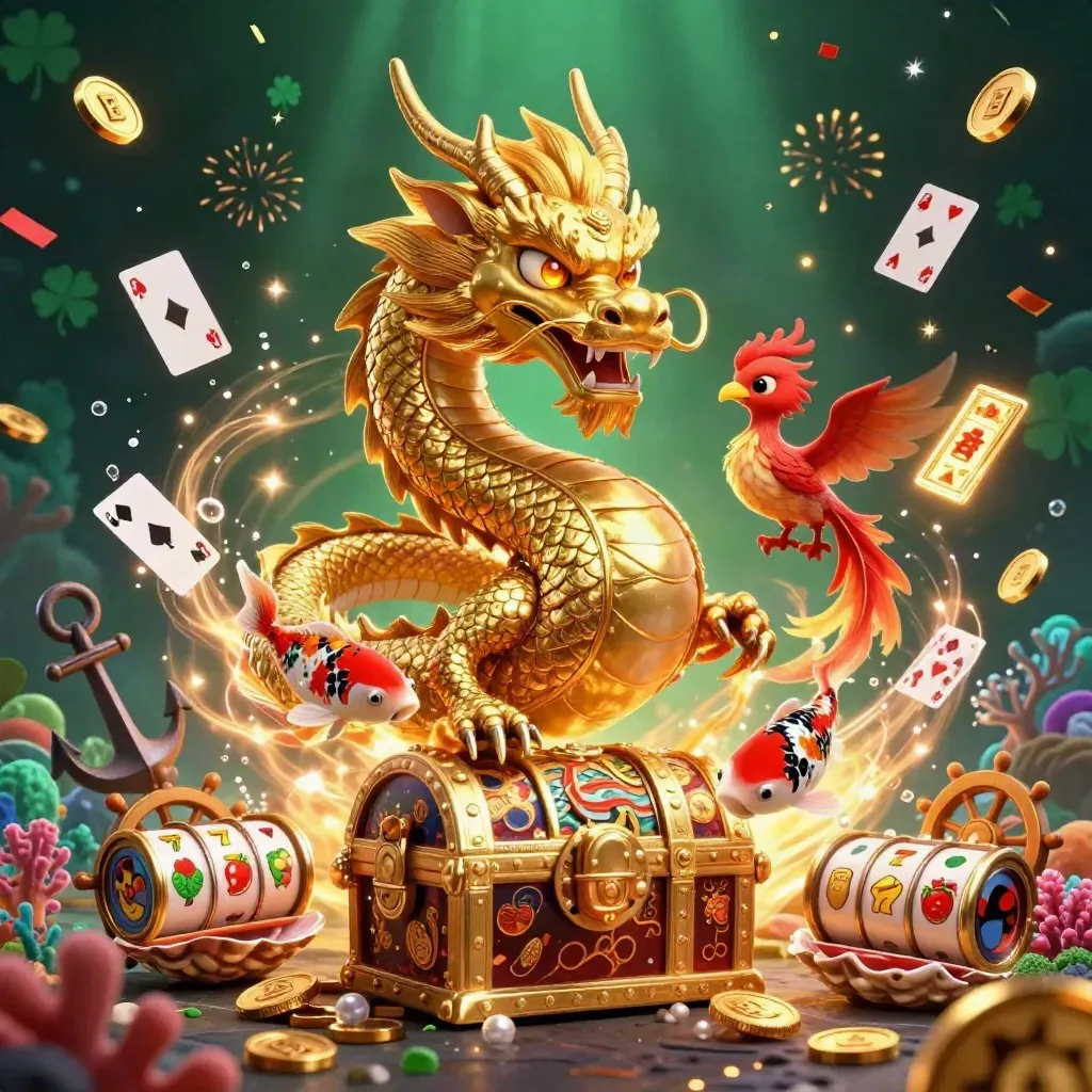 Golden dragon, phoenix, koi and treasure chest in a neon casino cove with coins and cards.