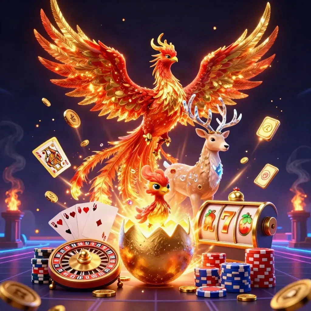 Phoenix, hatching chick, and crystalline stag amid coins, cards, chips, reels, and neon casino effects.