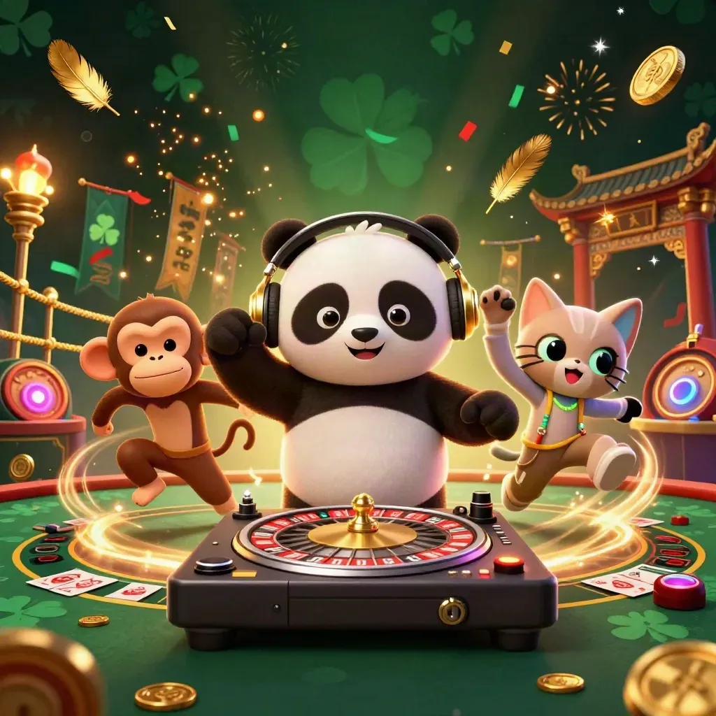 DJ panda, dancing monkey and glow-stick kitten in a neon casino scene with roulette and cards