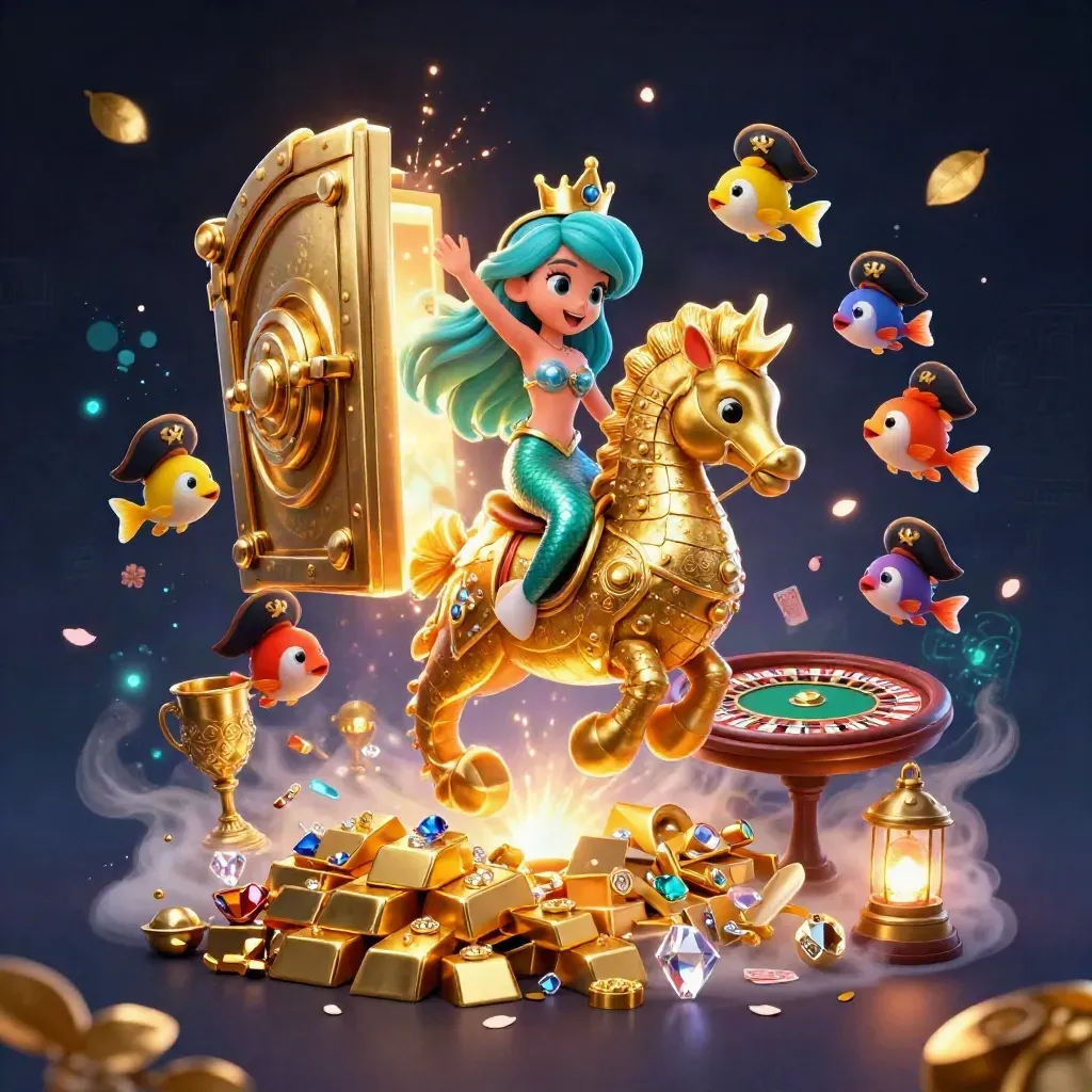 Mermaid princess on a gold-armored seahorse amid treasure, casino reels, and a glowing vault.