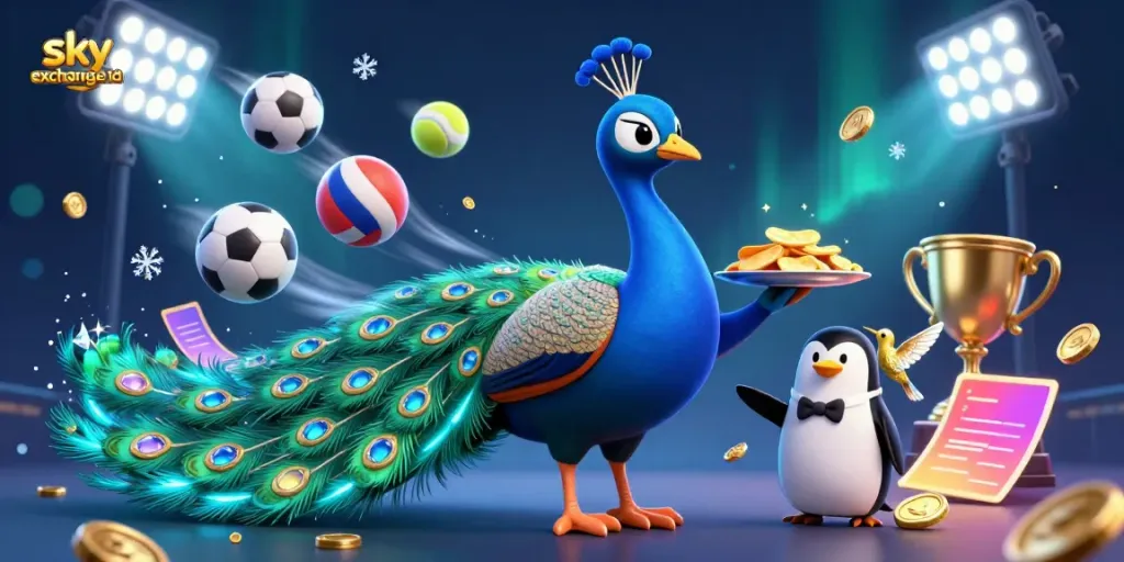 Experience excitement with a sky exchange id featuring a 3D peacock and sports betting elements in vibrant colors.
