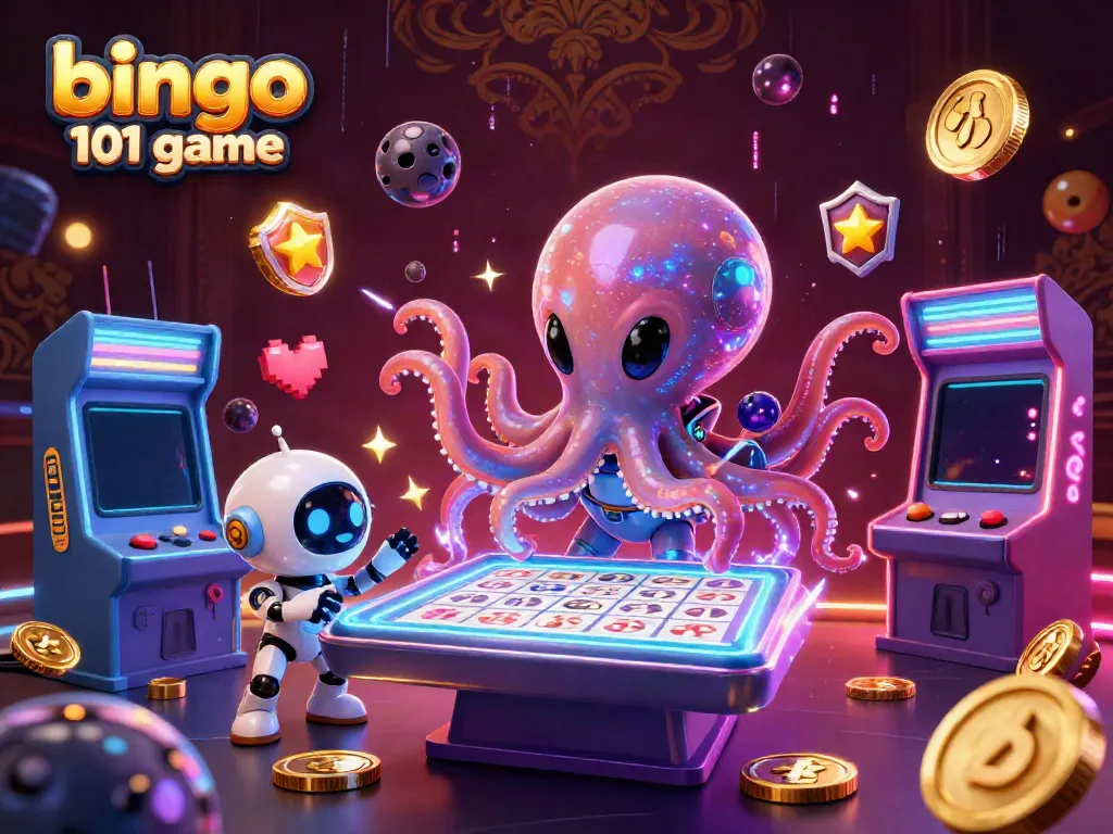 Bermain bingo 101 game yang seru dengan alien dan robot siaga di latar arcade yang berkilau.
