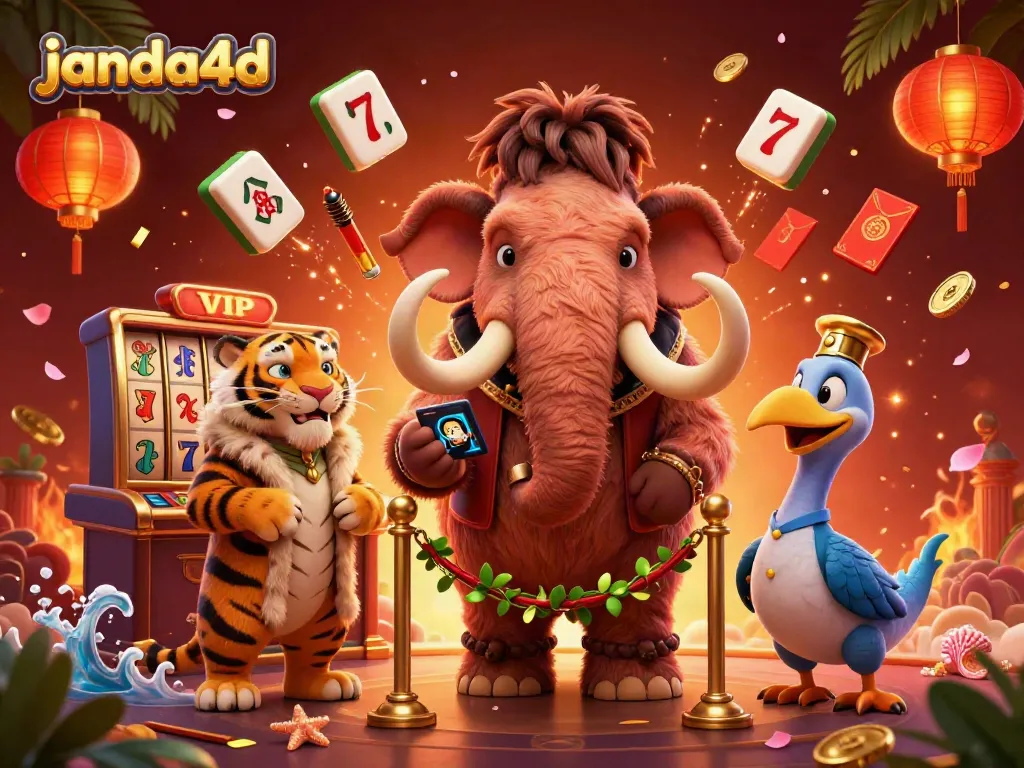 Ilustrasi 3D janda4d dengan makhluk fantastis di kasino memeriksa ID dan elemen slot mengelilingi mereka.