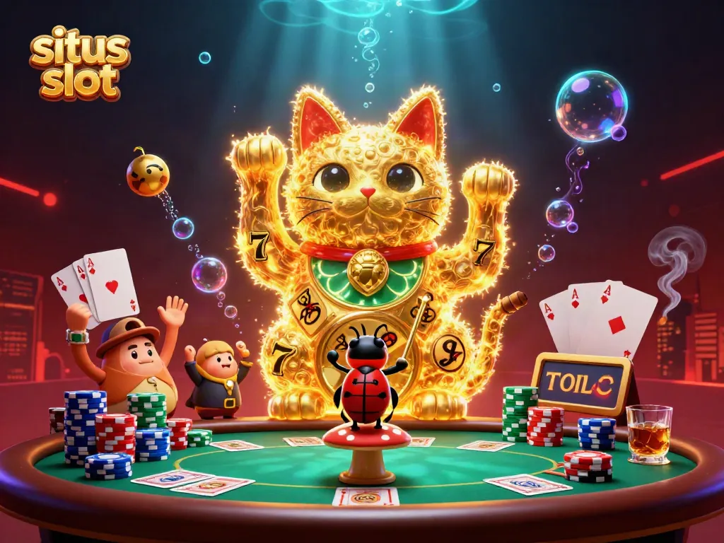 Genggam peluang menang di situs slot dengan ilustrasi kucing keberuntungan dan elemen kasino yang menakjubkan.