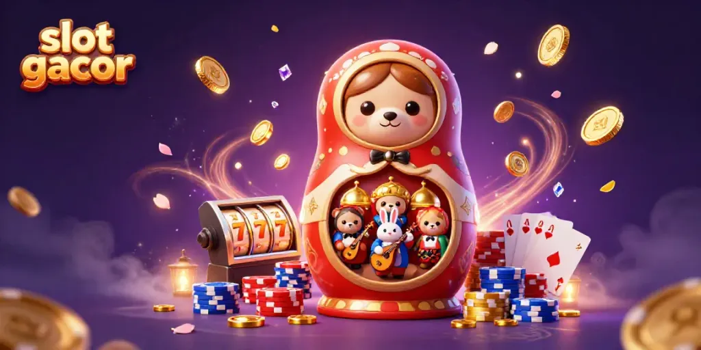 Engage with the slot gacor experience through vibrant casino-themed illustrations featuring luck and excitement.
