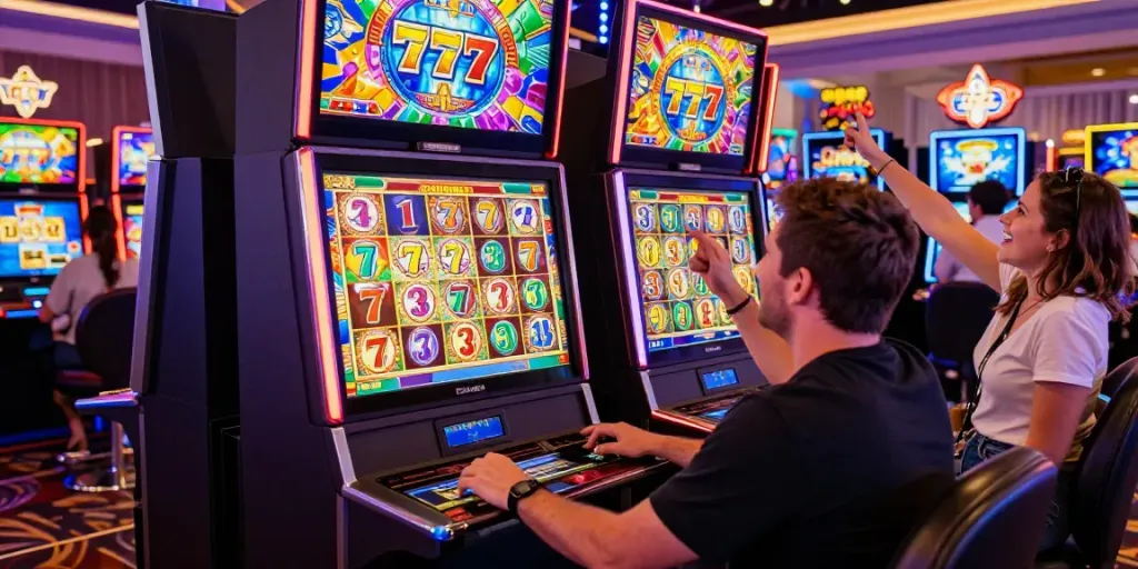 Exciting casino scene with players enjoying Lucky777 slot machines, celebrating wins under vibrant lights.
