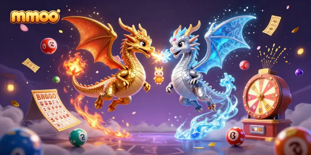 Experience mmoo's vibrant casino dynamics with a magical dragon duel amidst colorful lottery themes.