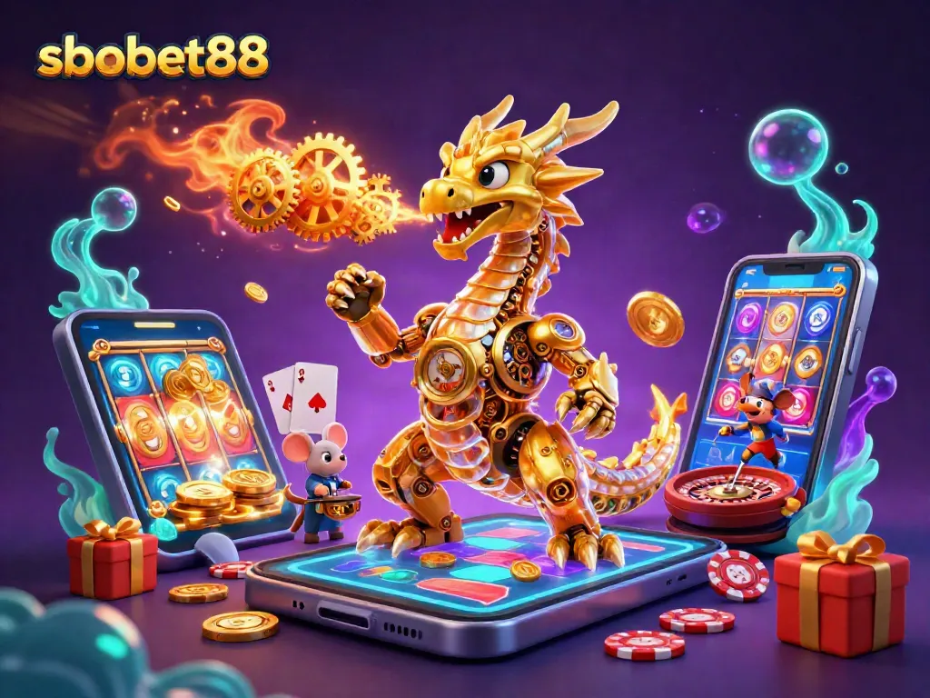 Experience the thrill of sbobet88 with a breathtaking 3D illustration featuring a golden dragon and engaging casino elements.