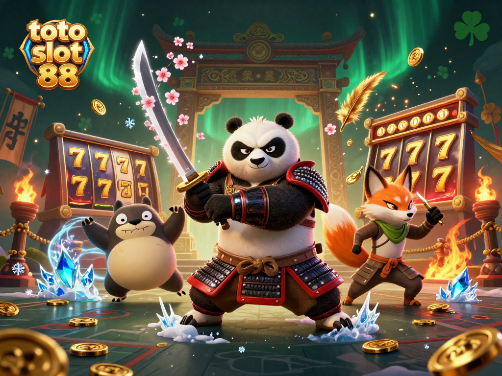 Engage with exciting toto slot 88 action in this vibrant 3D illustration showcasing warriors and slot game elements.
