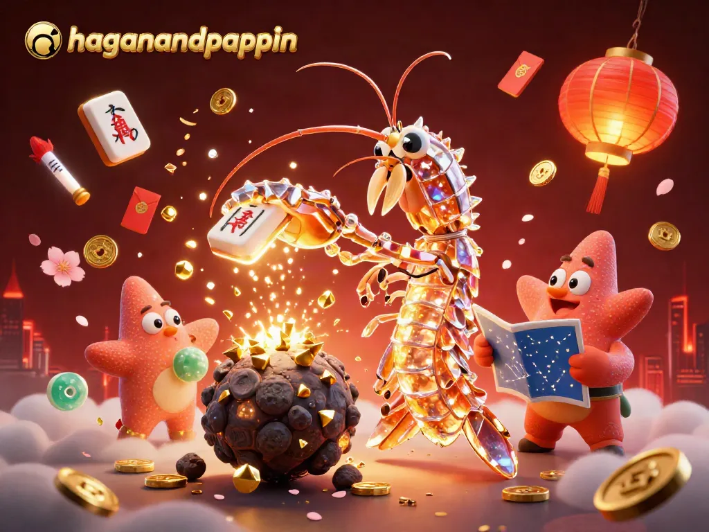 Engage with the vibrant scene featuring haganandpappin's galactic samurai mantis shrimp amid gold coins and dynamic casino elements.
