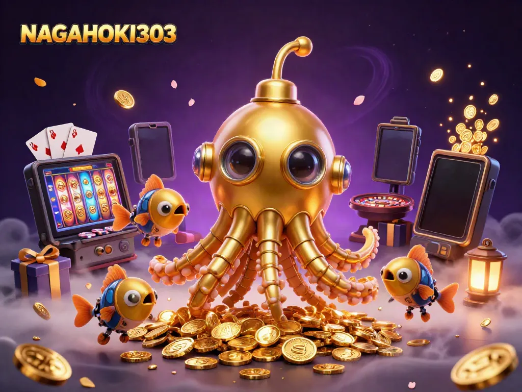 NAGAHOKI303 mengungkapkan suasana permainan kasino dengan kraken emas dan ikan mekanis bertema slot.