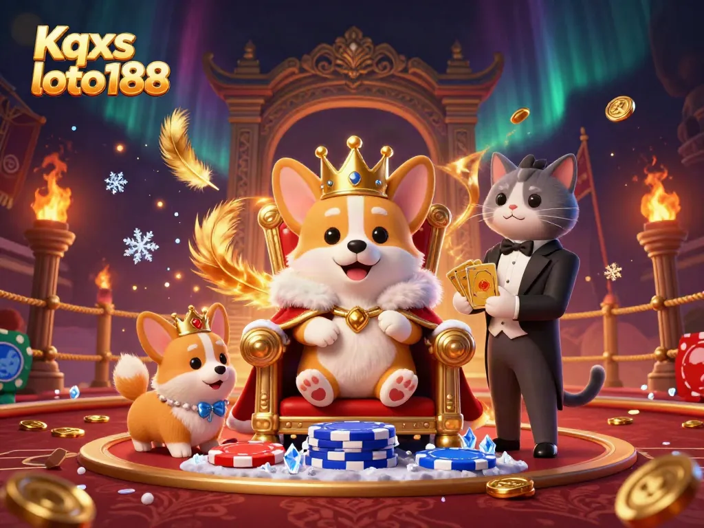 Kqxs loto188 showcases a royal corgi on a throne of poker chips surrounded by a dazzling atmosphere of gold and feathers.
