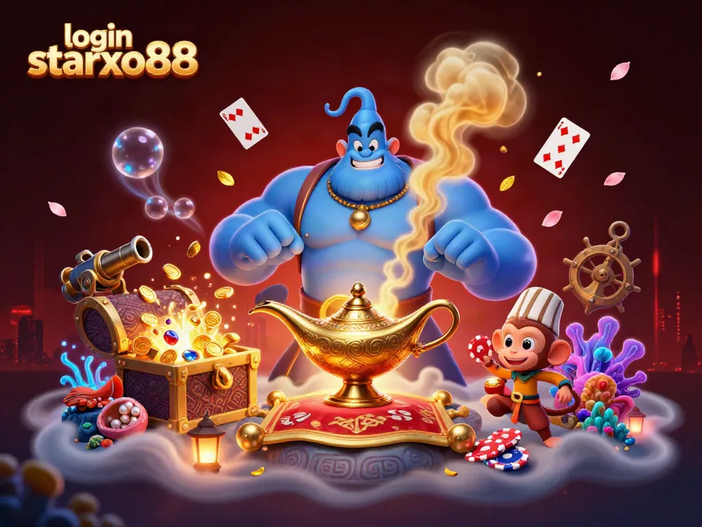 Join the excitement of login starxo88 with a vibrant casino scene featuring a genie and poker action!
