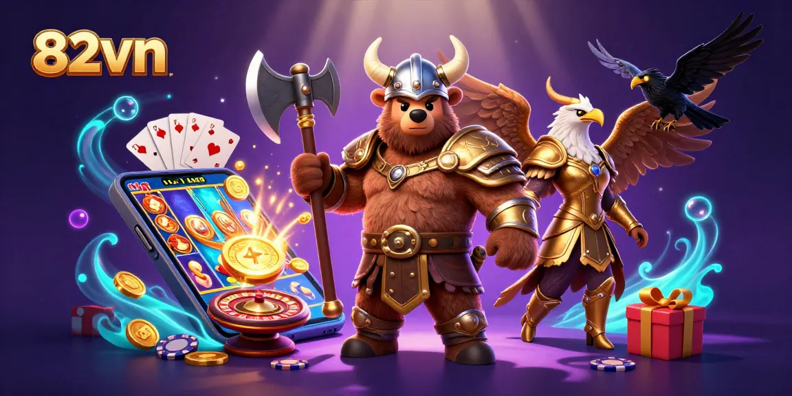 Experience thrilling games at 82vn with a dynamic casino-themed illustration showcasing vibrant slot action.