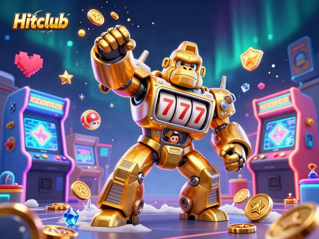 Hitclub players engage with a vibrant gaming scene, featuring a mech and arcade elements amidst dynamic casino motifs.