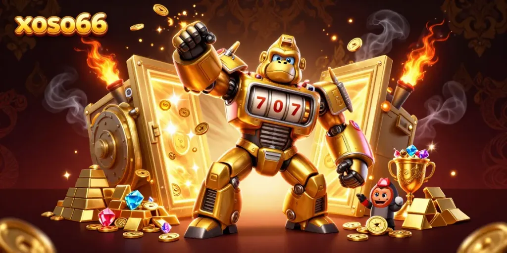 Spin the reels with xoso66's golden gorilla mech in a vibrant 3D casino scene