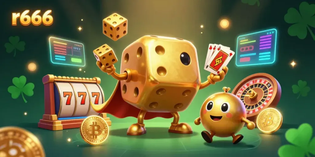 Experience dynamic fun with r666, featuring a golden dice golem, roulette ball, and vibrant gaming symbols.