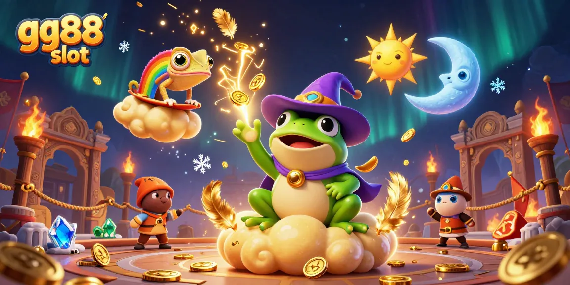 Experience the excitement of gg88 slot with a vibrant 3D scene of a wizard frog and chameleon amidst golden coins.