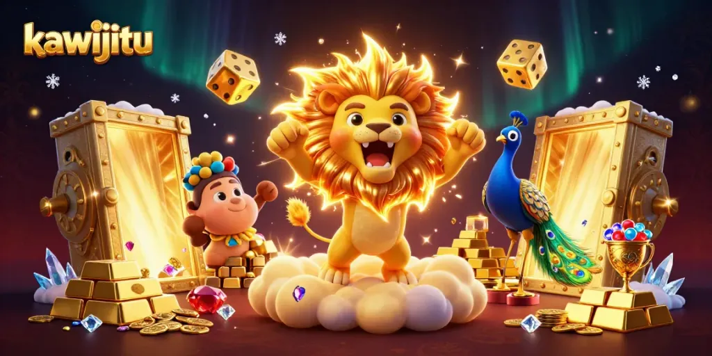 Engage with high-stakes gameplay at kawijitu featuring a victorious lion and golden treasures.