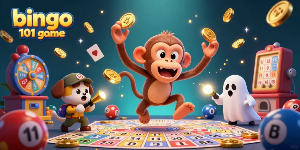 Engaging bingo 101 game scene featuring a mischievous monkey and puppy with bingo-themed elements.