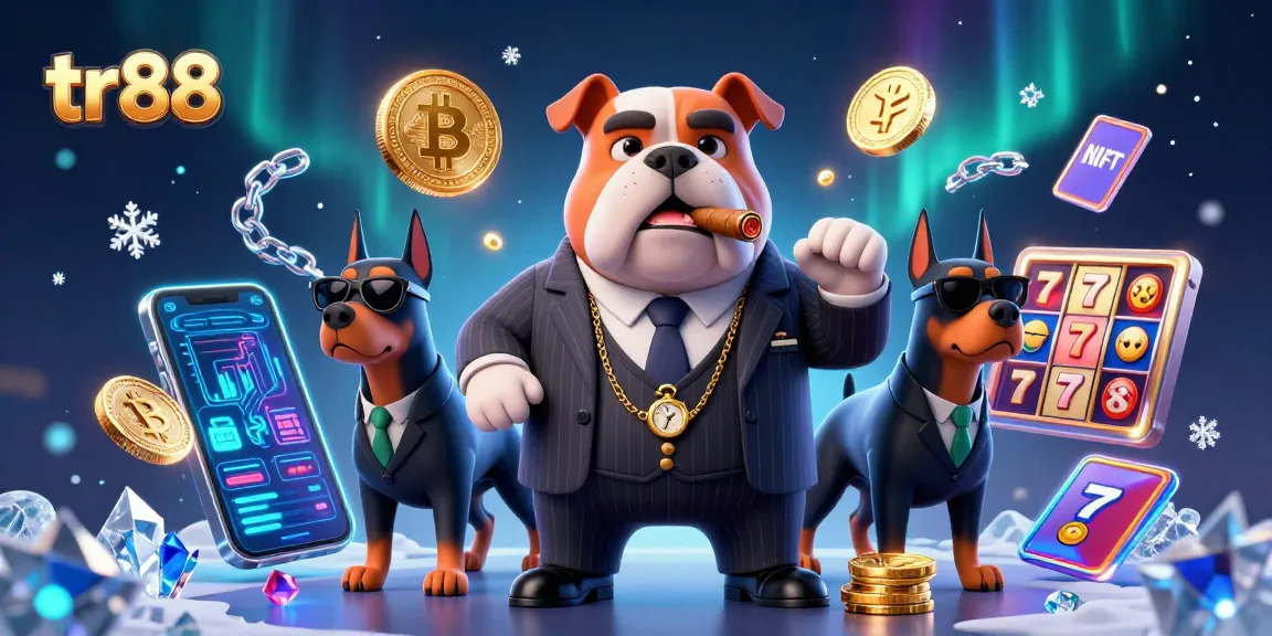 tr88 casino scene with mafia boss bulldog, two Doberman bodyguards, and cryptocurrency elements.