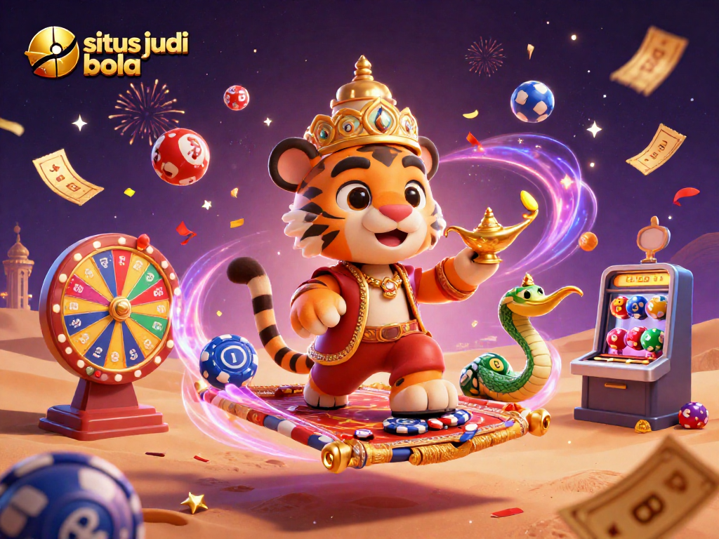 Bet on situs judi bola with a vibrant 3D illustration of a sultan on a flying carpet with sports-themed elements around him.