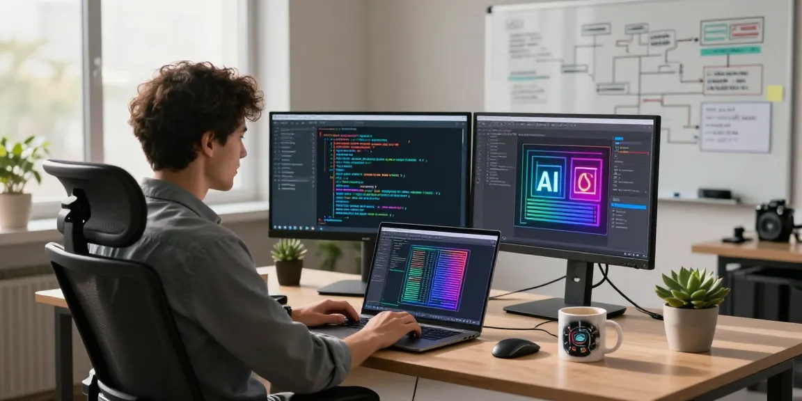 AI automation workspace with developer coding on triple monitors and vibrant algorithms.