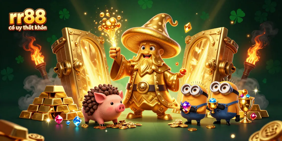 Experience the magic at rr88 có uy tín không with a golden wizard and treasure-filled scene.