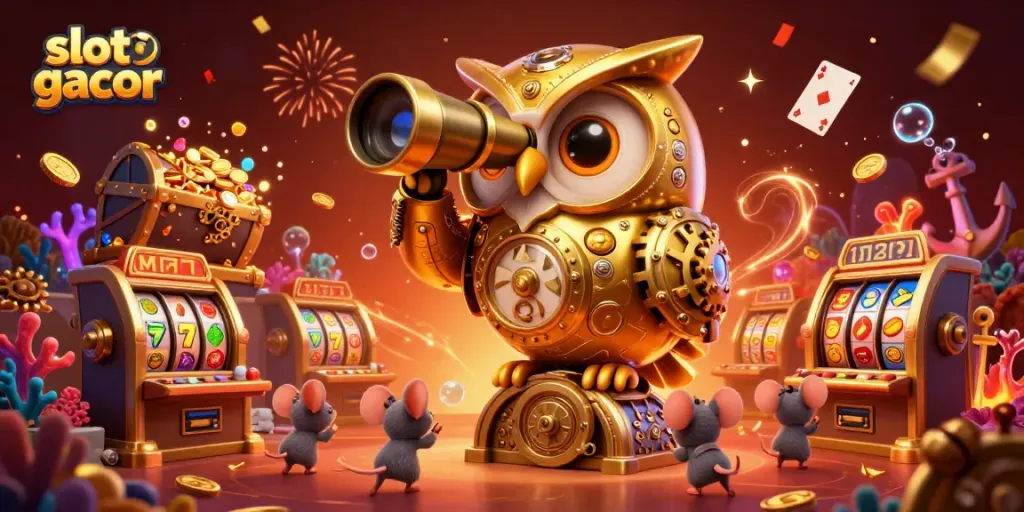 Gambaran slot gacor yang menarik dengan burung hantu emas dan mesin slot di kasino.
