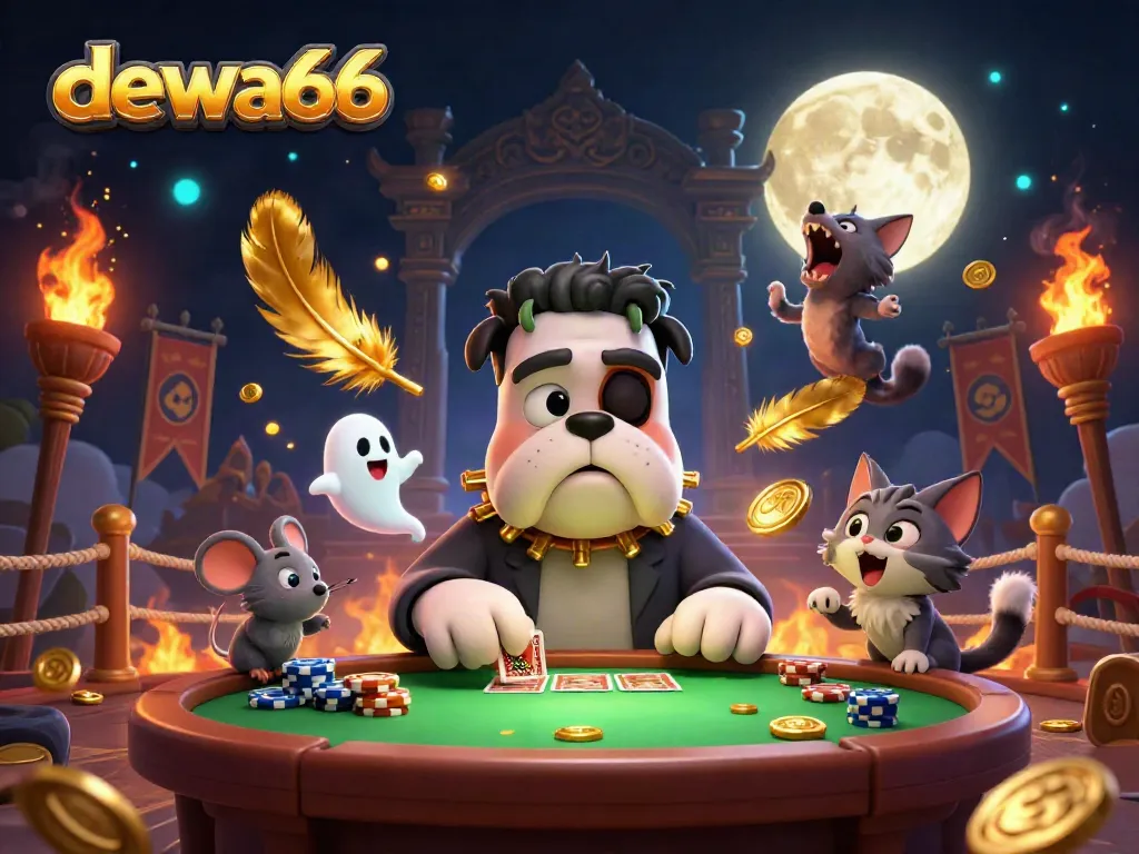 Experience dewa66 with a cartoon bulldog dealer and whimsical characters at a vibrant casino scene.