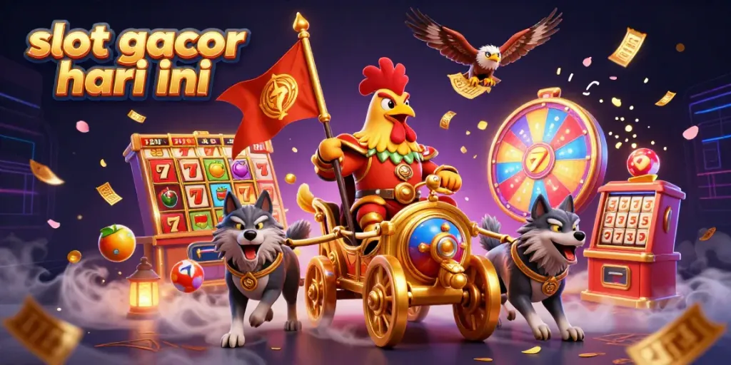 Slot gacor hari ini menampilkan simbol slot dan jackpot yang dinamis dengan karakter 3D yang berani.