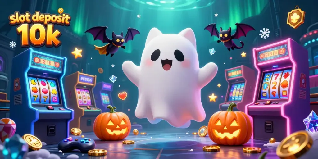 Engage with slot deposit 10k through a vibrant 3D ghost cat in a casino, showcasing lively gaming elements.