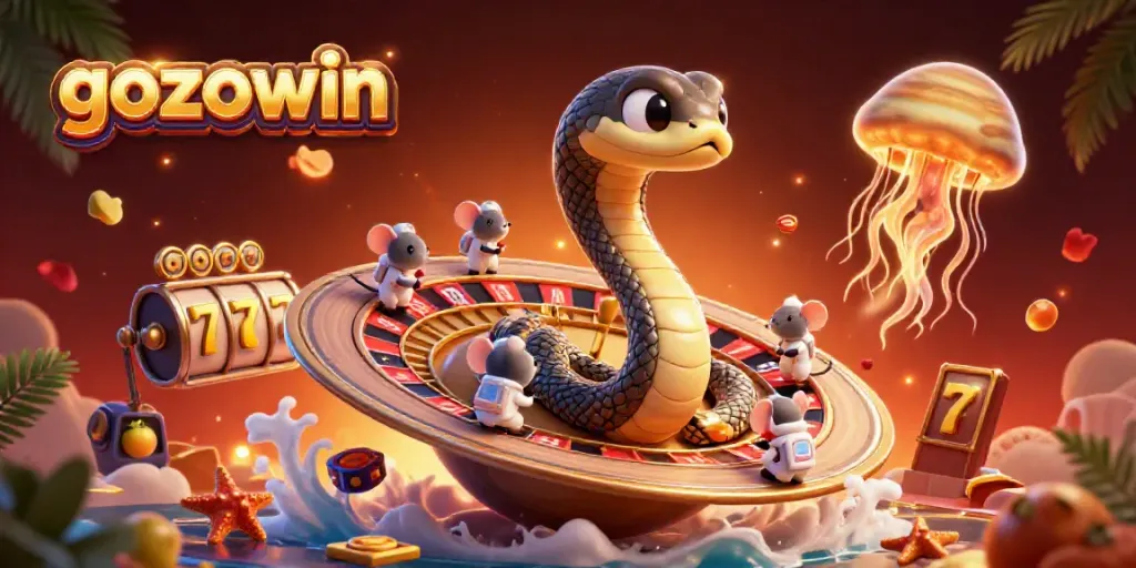 Experience the cosmic excitement at gozowin with a roulette wheel snake and jackpot symbols in a vibrant 3D casino scene.