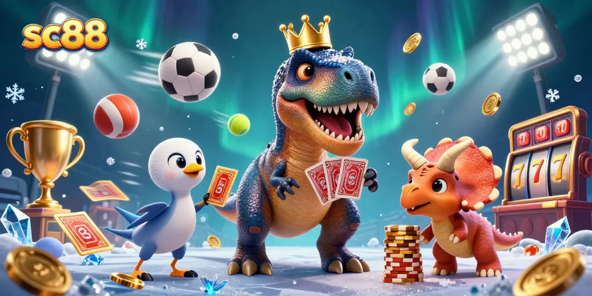 Experience thrilling wins with sc88 in an engaging casino scene featuring a friendly T-Rex, sports balls, and vibrant elements.