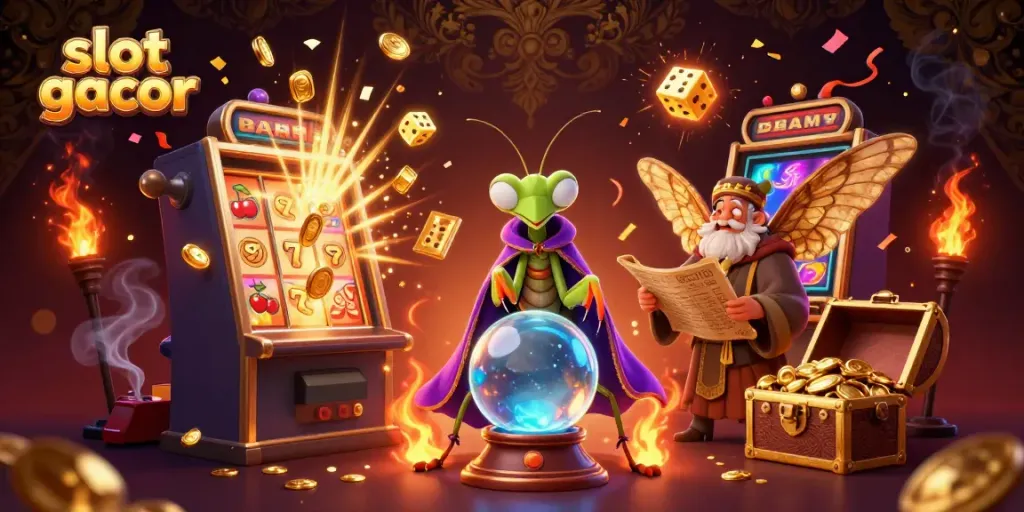 Slot gacor menyajikan ilustrasi 3D menarik dengan karakter dan elemen kasino berwarna-warni.