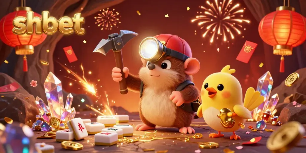 Experience shbet's thrilling casino adventure with cartoon characters mining gems and treasures amidst vibrant decorations.