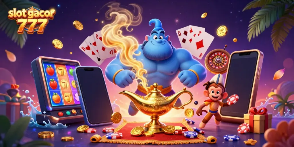 Menggandakan slot gacor 777 dengan ilustrasi 3D genie dan elemen permainan kasino