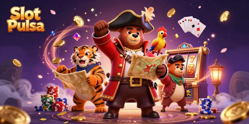 Slot Pulsa adalah platform yang menawarkan kemudahan bermain dengan deposit menggunakan pulsa, dikelilingi oleh koin emas dan grafis menarik.