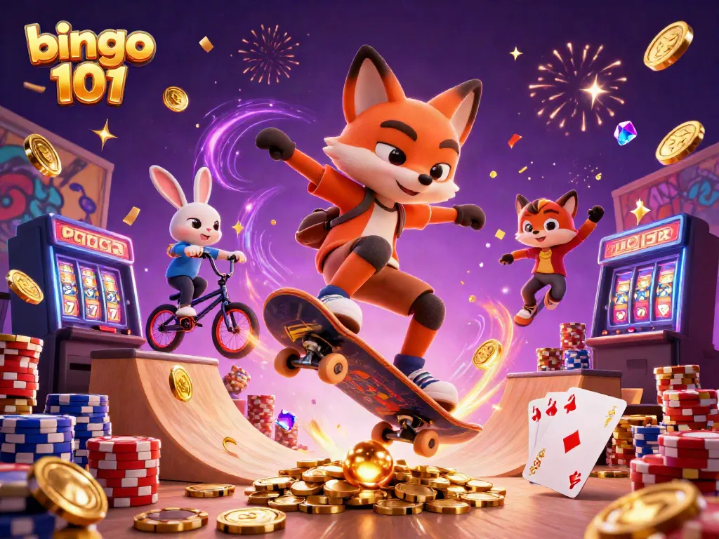 Bingo 101 gaming action with animated characters, poker chips, and vibrant casino elements
