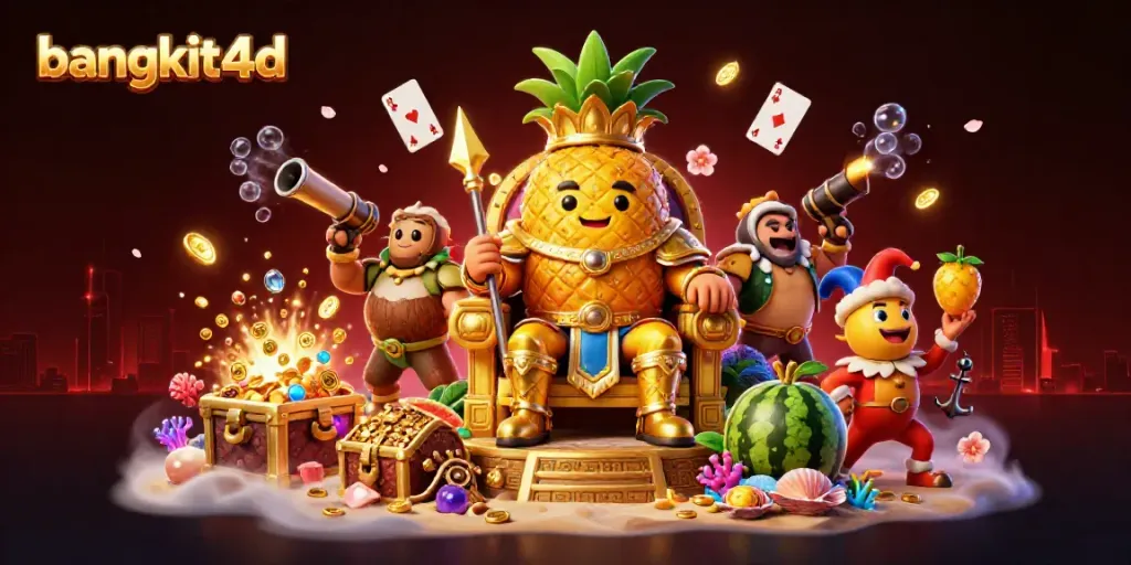 Permainan slot online bangkit4d dalam ilustrasi 3D menampilkan raja nenas emas berlatarkan pantai kasino.