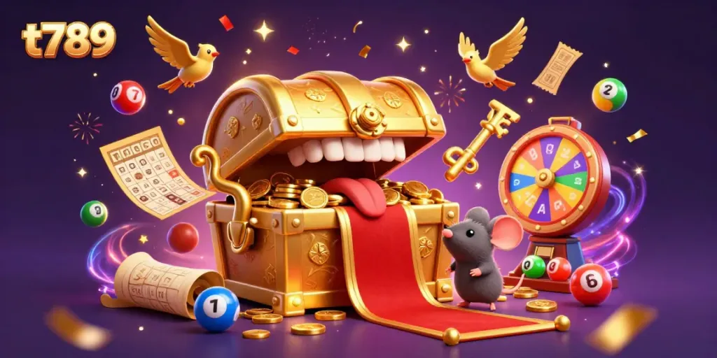 Experience dynamic gaming at t789 with colorful lottery elements and a treasure chest inviting players.