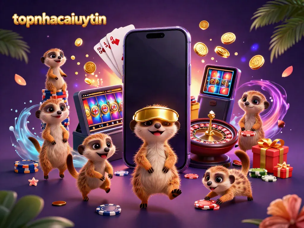 Experience topnhacaiuytin's lively meerkat casino scene with vibrant games and characters.