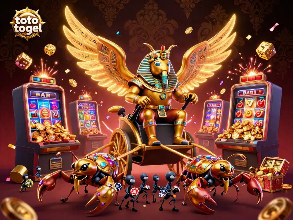 Experience thrilling gaming action with the colossal scarab in pharaoh armor as it illuminates the toto togel jackpot scene.