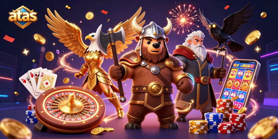 Engage in thrilling gaming with atas as Viking characters and golden elements surround a dynamic casino scene.