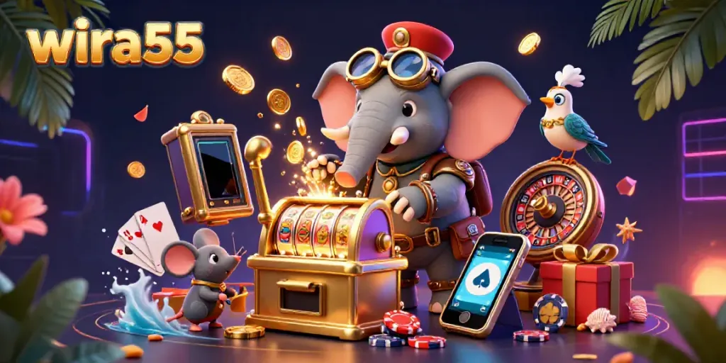 Experience thrilling gameplay with wira55's vibrant slots as a steampunk elephant operates a golden machine.