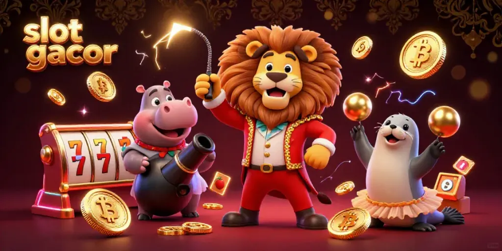 Engaging 3D illustration of slot gacor featuring circus characters with slot reels and crypto coins, highlighting excitement and fun.