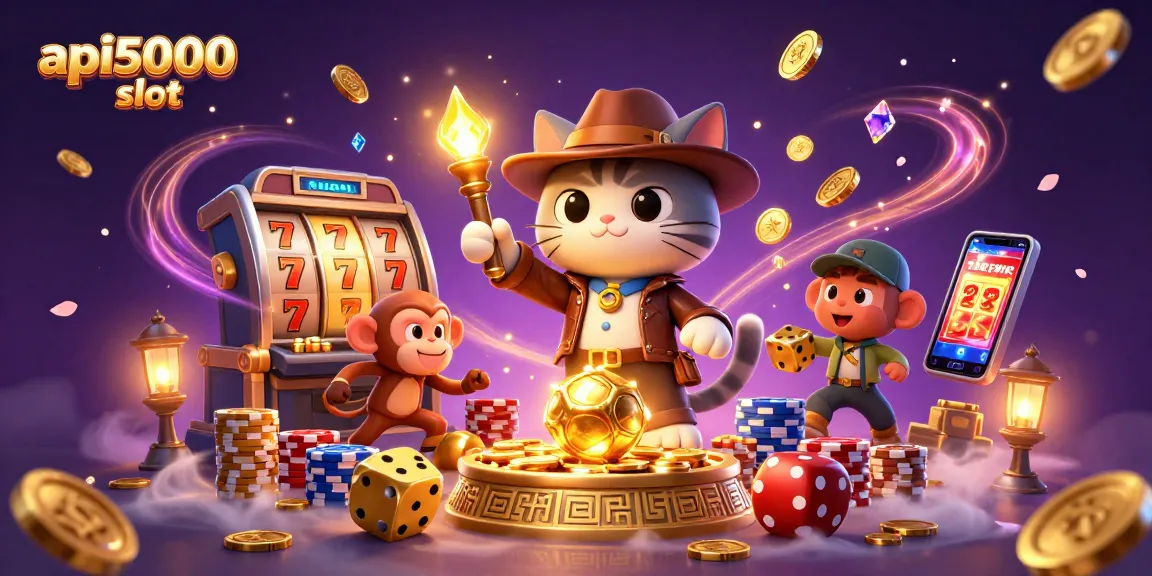 Menang besar dengan api5000 slot, penjelajah dan monyet menemukan artefak dalam suasana kasino.