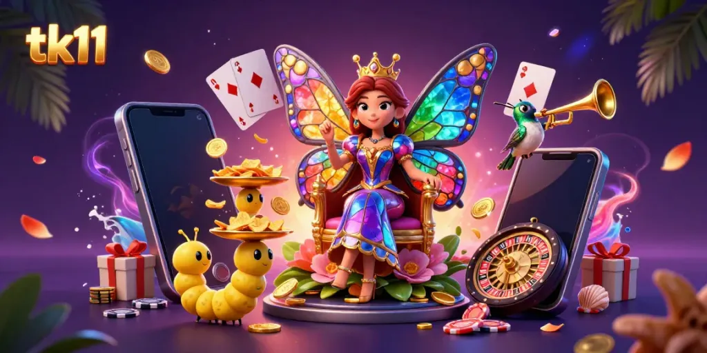 Spin the reels with tk11 in a vibrant 3D casino scene featuring a butterfly queen and chips.